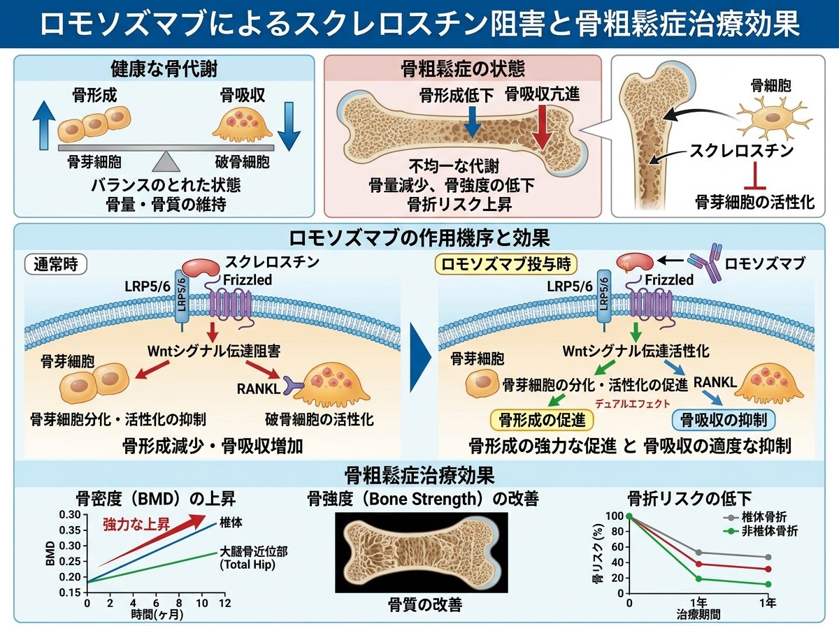 ロモソズマブによるスクレロスチン阻害と骨粗鬆症治療効果