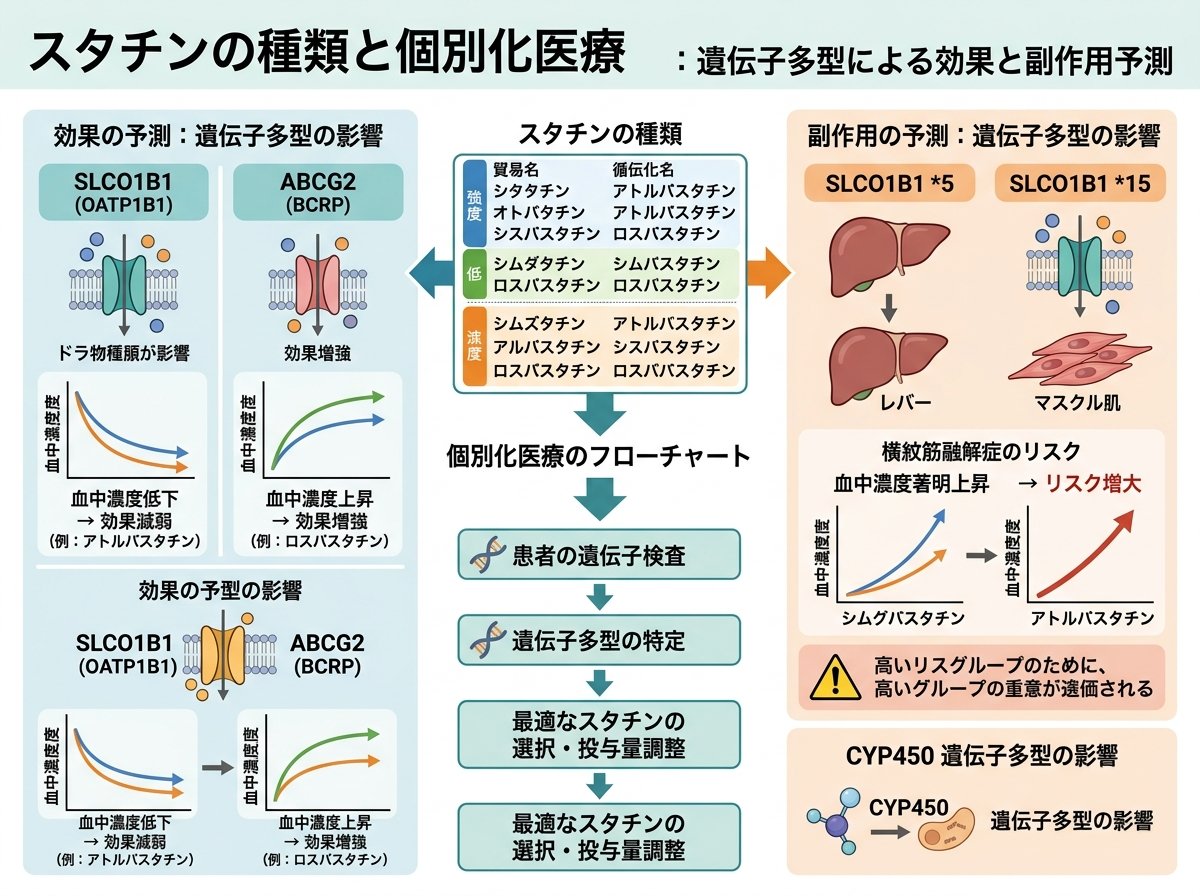 スタチンの種類と個別化医療:遺伝子多型による効果と副作用予測