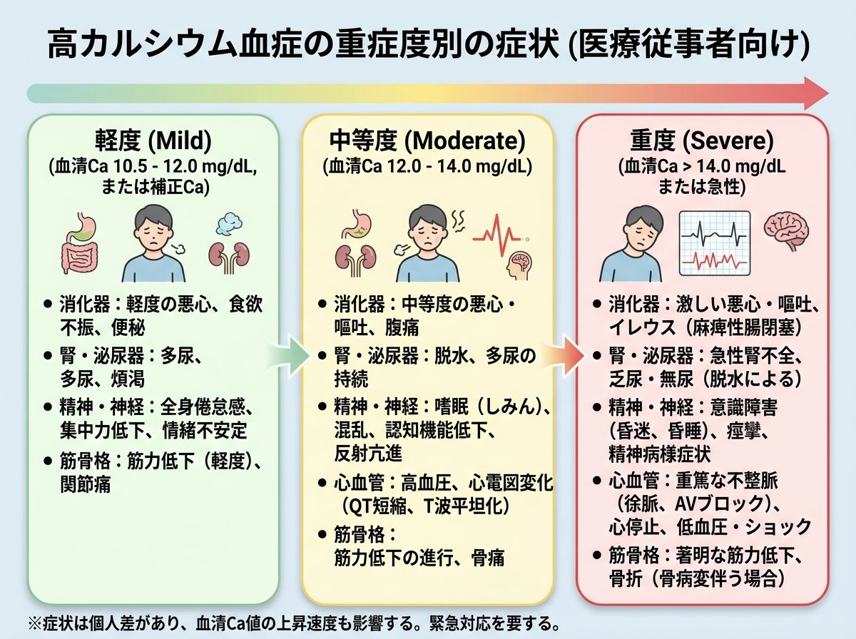 高カルシウム血症の重症度別の症状