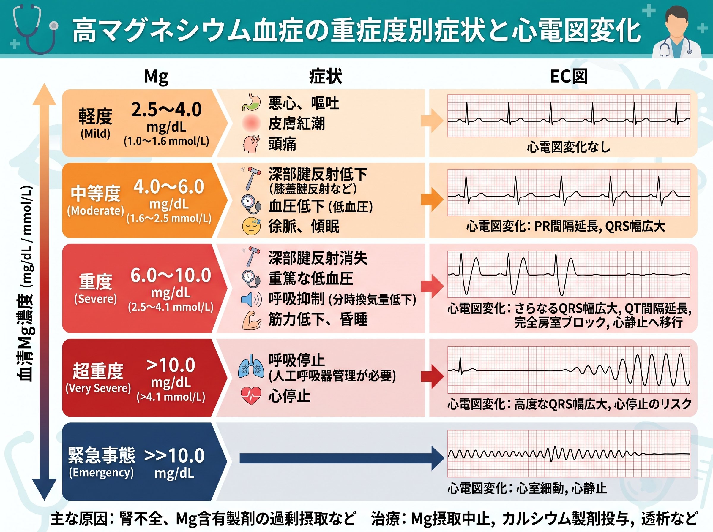 高マグネシウム血症の重症度別症状と心電図変化