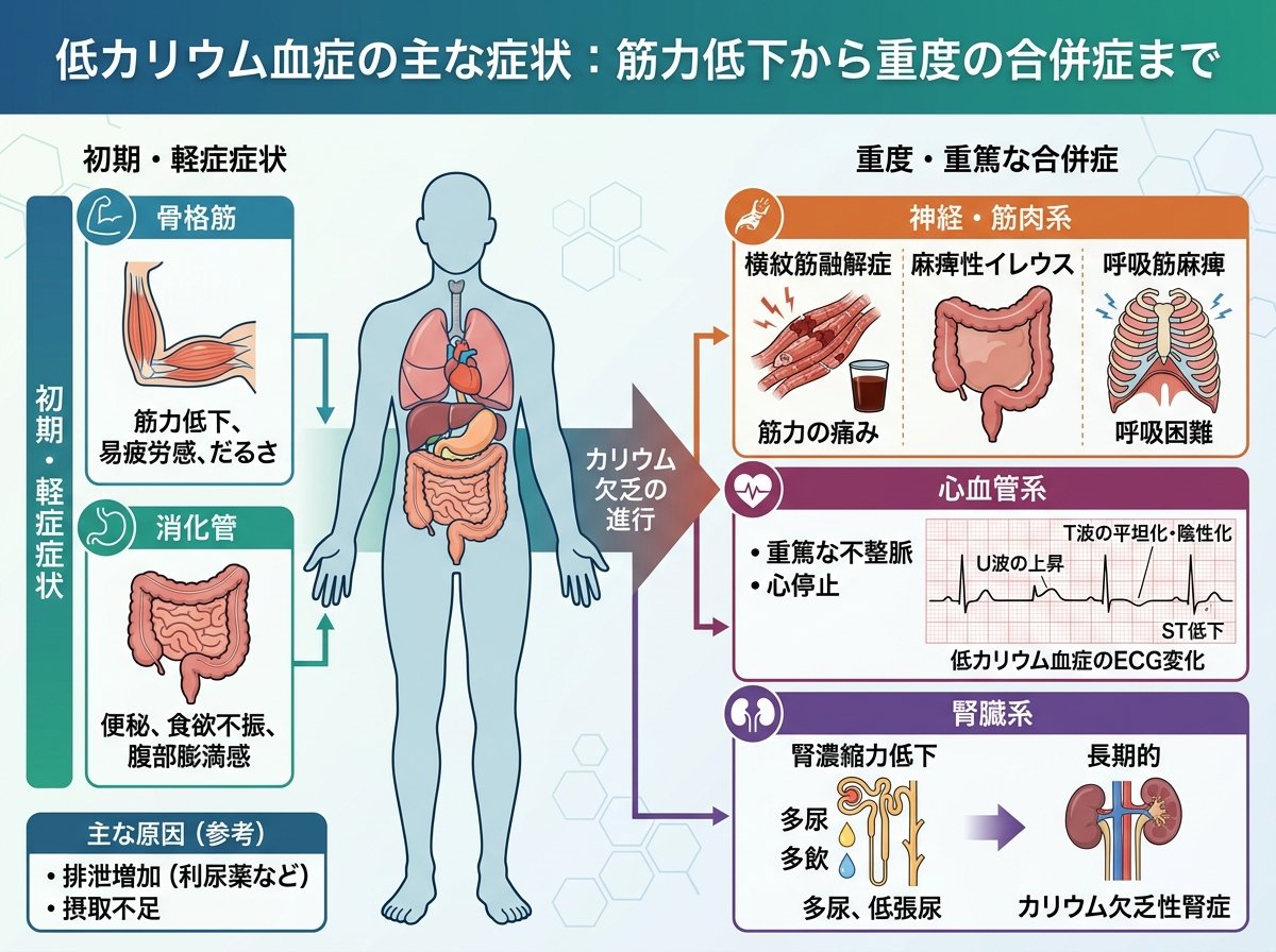 低カリウム血症の主な症状：筋力低下から重度の合併症まで