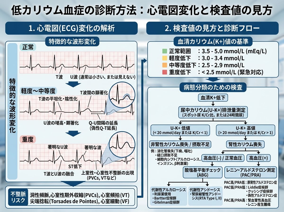 低カリウム血症の診断方法：心電図変化と検査値の見方