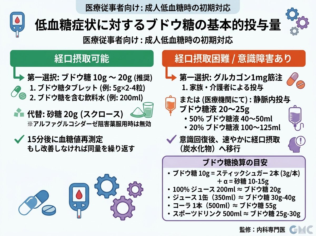 低血糖症状に対するブドウ糖の基本的投与量
