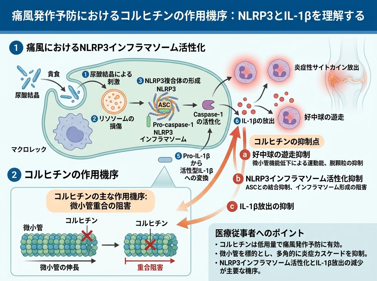 痛風発作予防におけるコルヒチンの作用機序：NLRP3とIL-1βを理解する