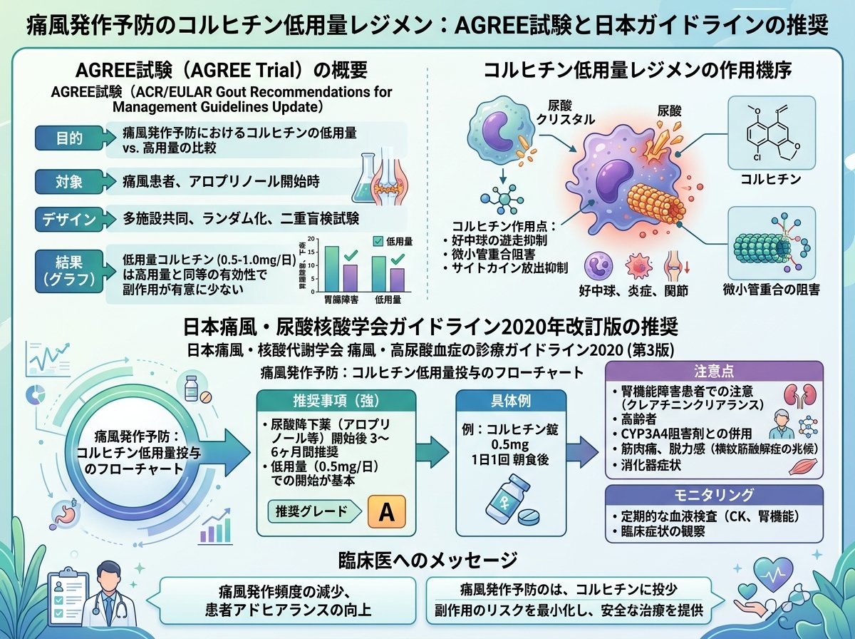 痛風発作予防のコルヒチン低用量レジメン：AGREE試験と日本ガイドラインの推奨